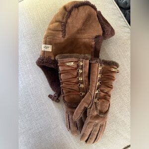 UGG Brown Shearling Lace-Up Gloves & Aviator Hat Set